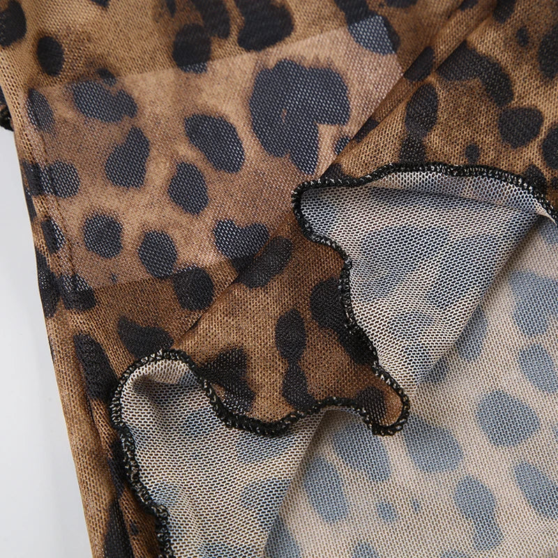 Leopard Meh Ruch Tee Shirt Lace-up Long Sleeve Brown