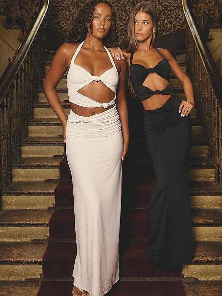Hollow Pleat Maxi Dress Halter Backless Sheath Long Fetival