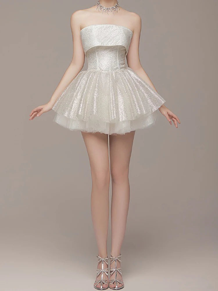 Strapless Shiny Dress White Backless A-line Dress Slim