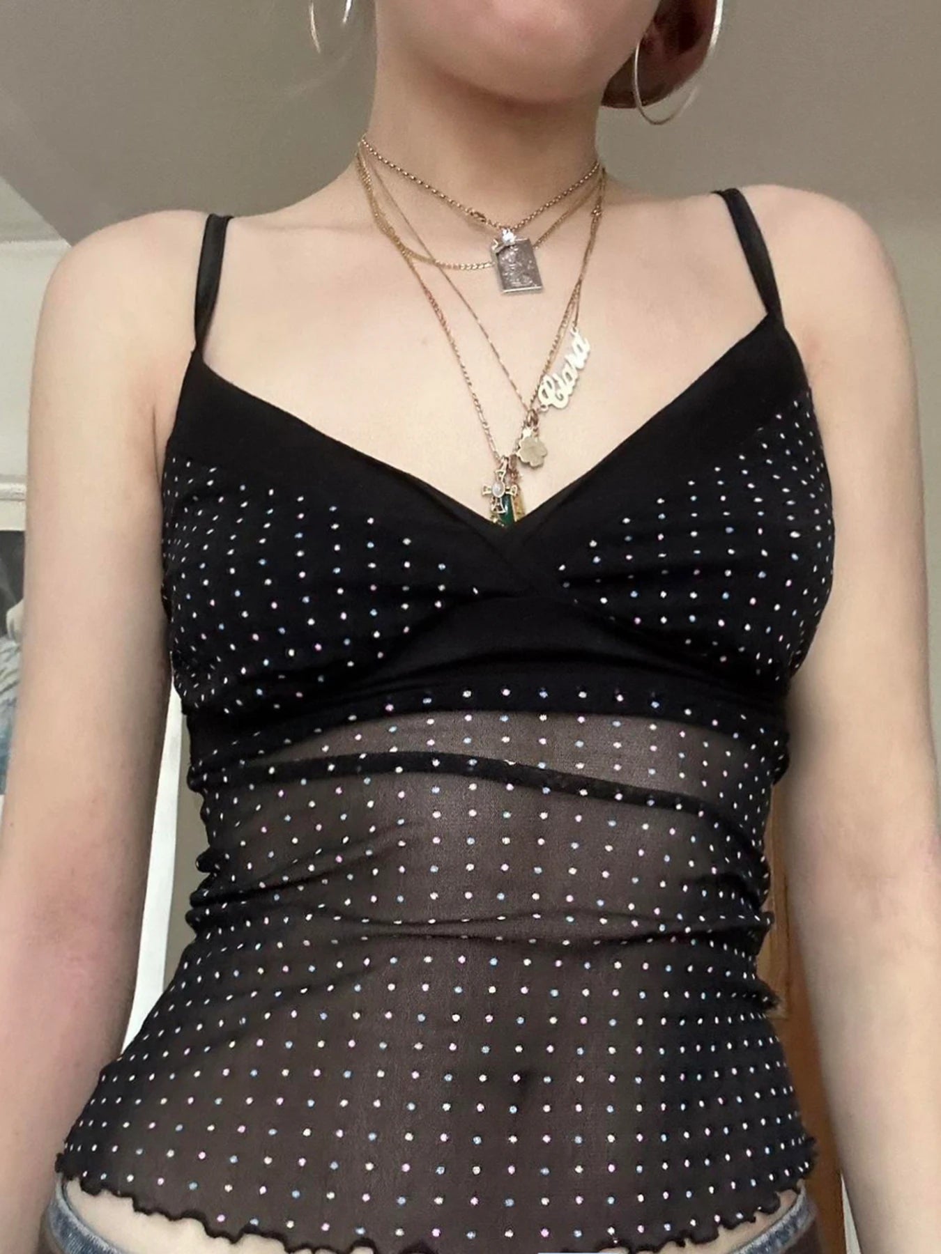 Dot Print Crop Bustiers V-neck Transparent Patchwork Sleeveless Camisole Backless