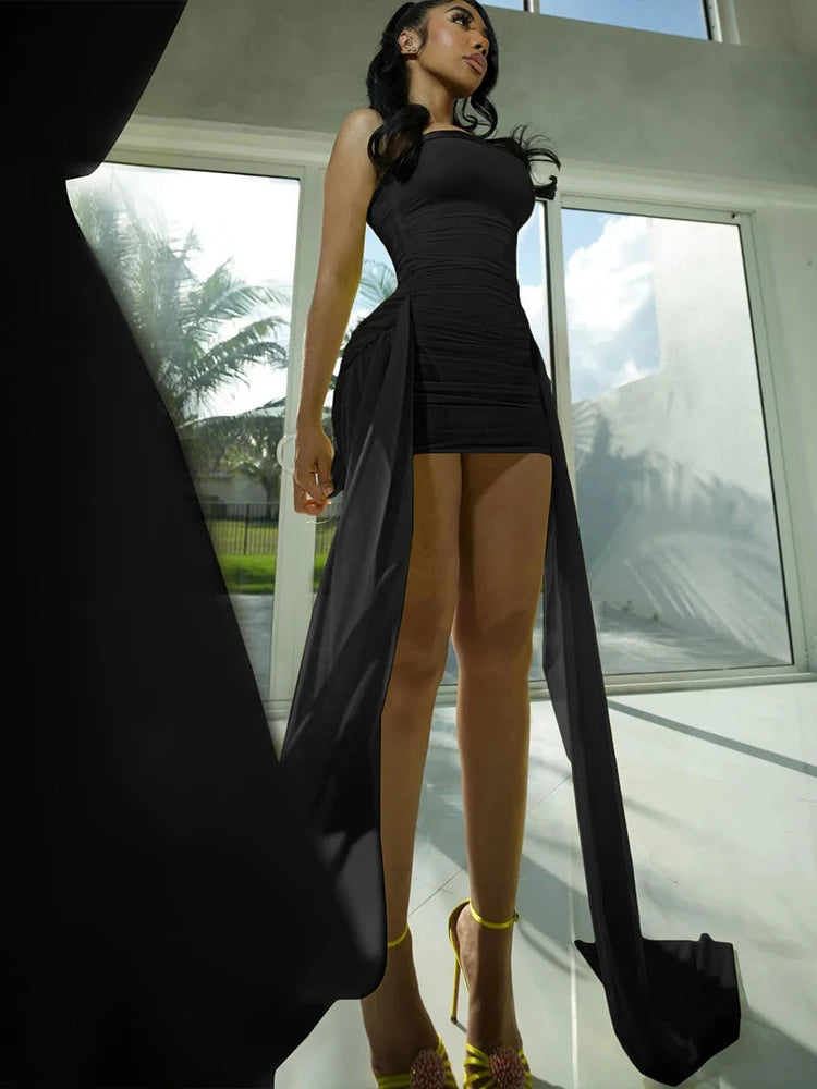Side Hem Ribbon Mini Dress Gradient Wrapp Chet Cleavage Skinny Claic