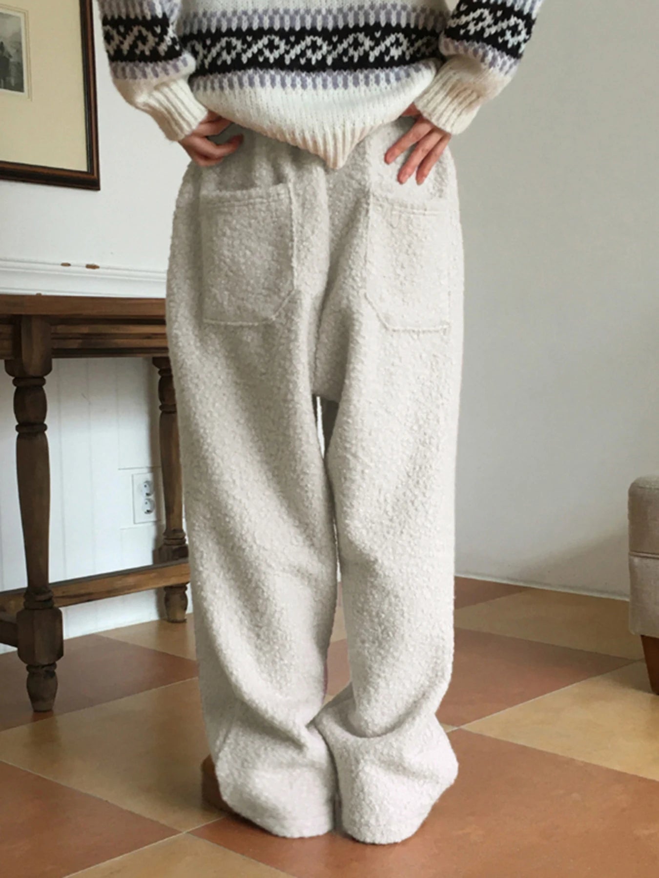 Loose Lamb Wool Trousers Drawstring Wide Leg Pants Pockets Bottoms