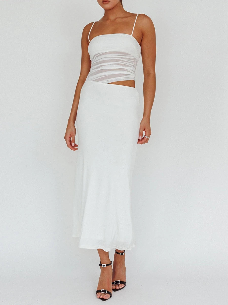 2 Piece Skirts Color Mesh Irregular Sleeveless Cami Top Long Skirts Set