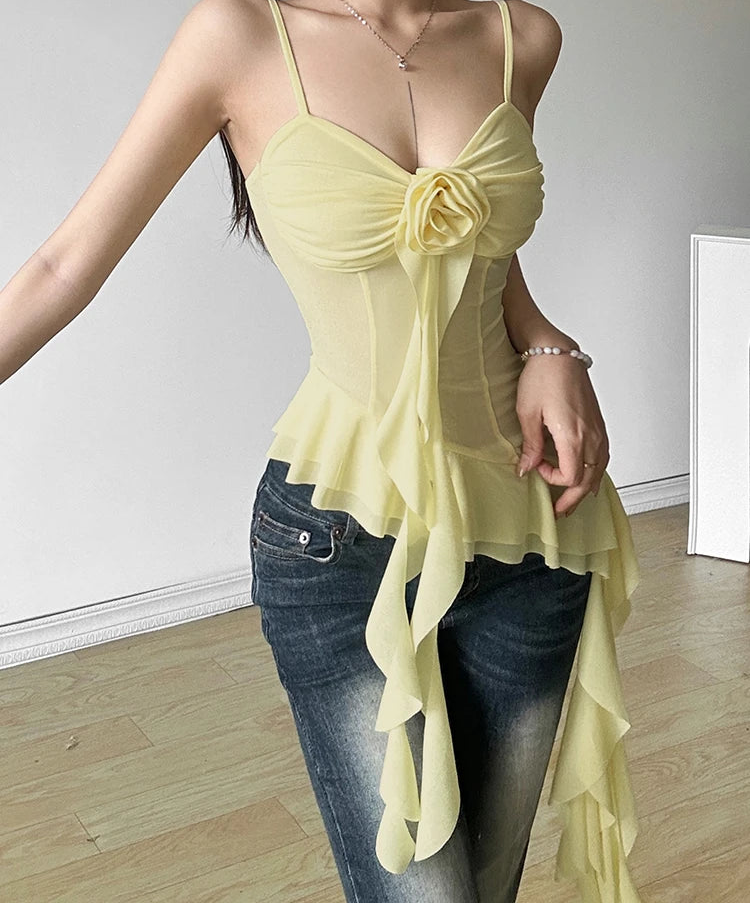 Quality Supender Top Popular In Low Cut Backless Yellow Flower Decorat Top