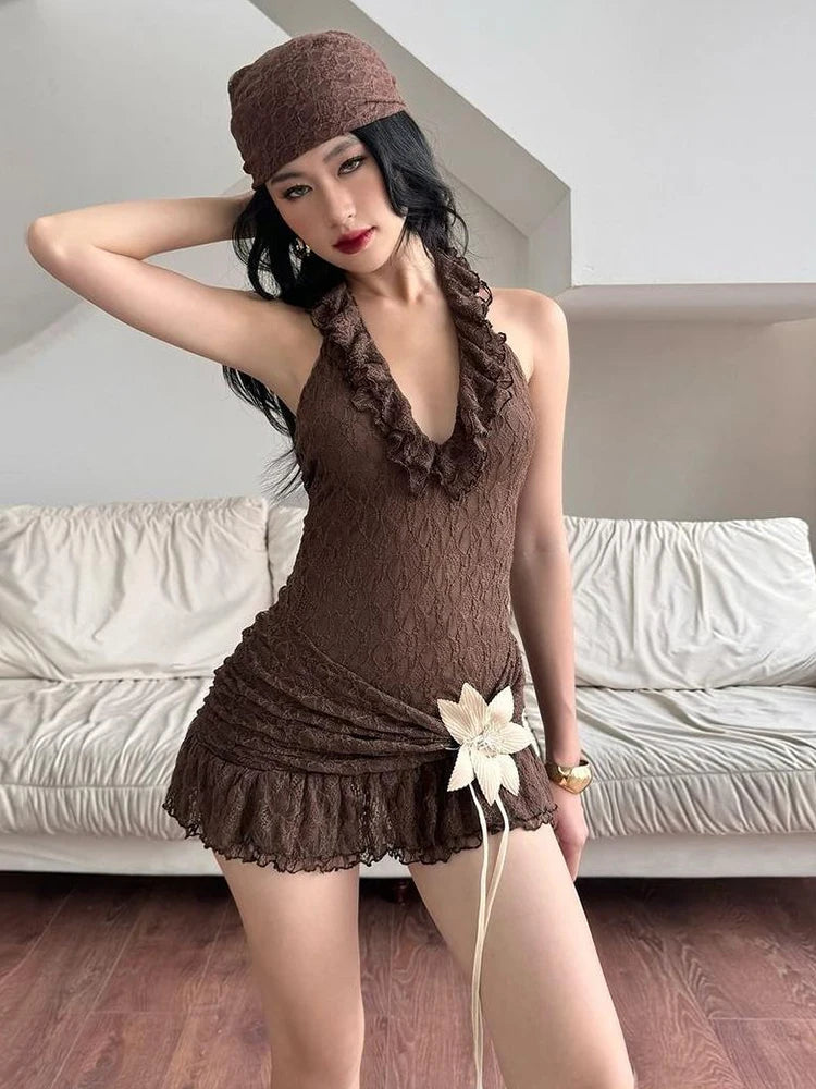 Lace Dress Halter Dark Lines Frenulum Flowers Applique Ornament Vogue Mini Bodycon