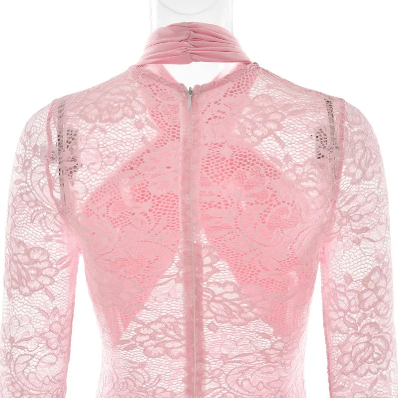 One Piece Long Sleeve See Through Lace Mesh Jumpsuit