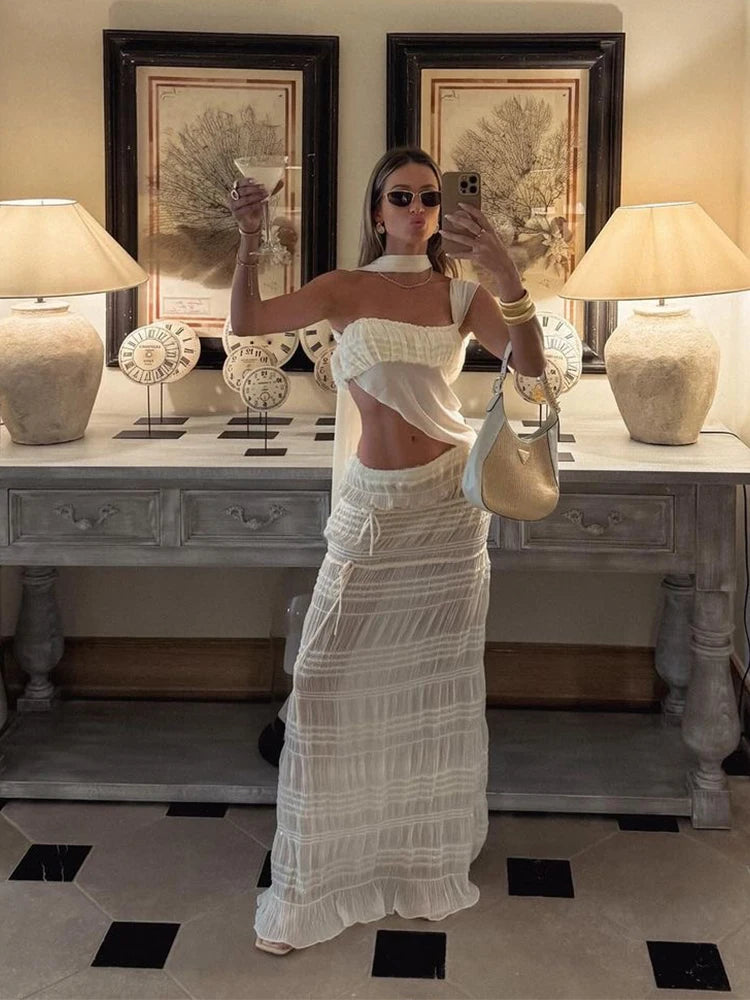 See Through Two-Piece Set Scarf Strapless Top Mesh Irregular Hem Multi-Pleated Skirt Matching Pretty Suits