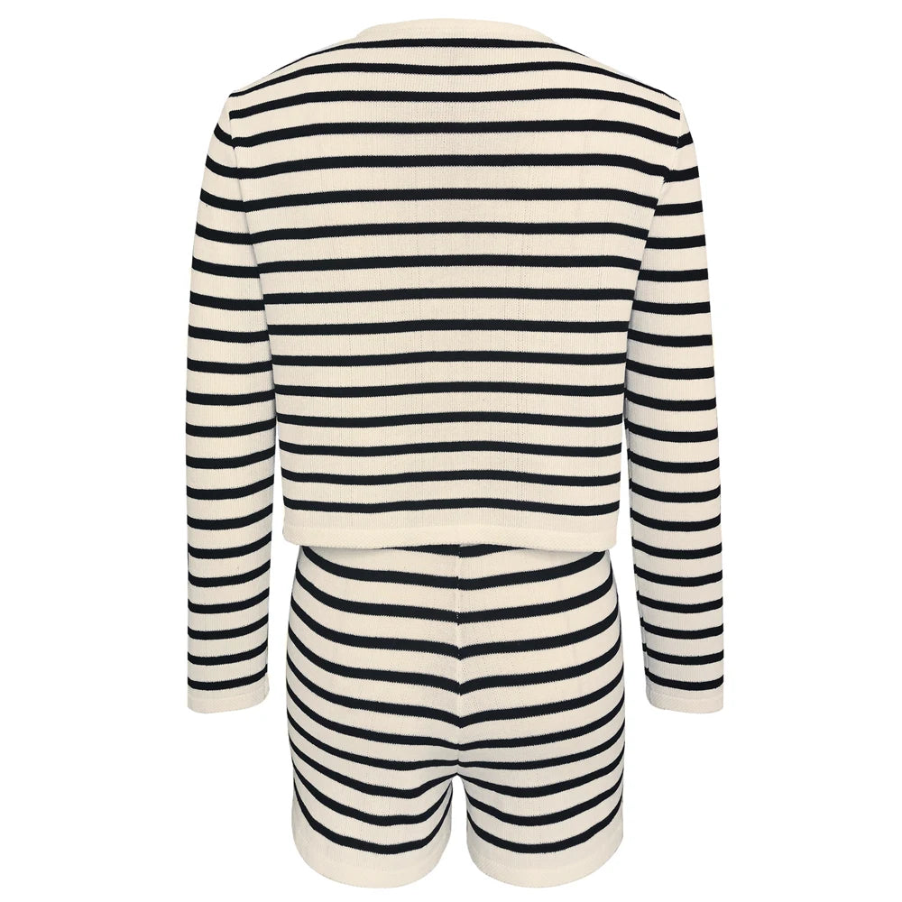 Striped Knit 2 Piece-Set Shorts Zebra ed Cardigan And High Waist Patchwork Shorts Sets Knit