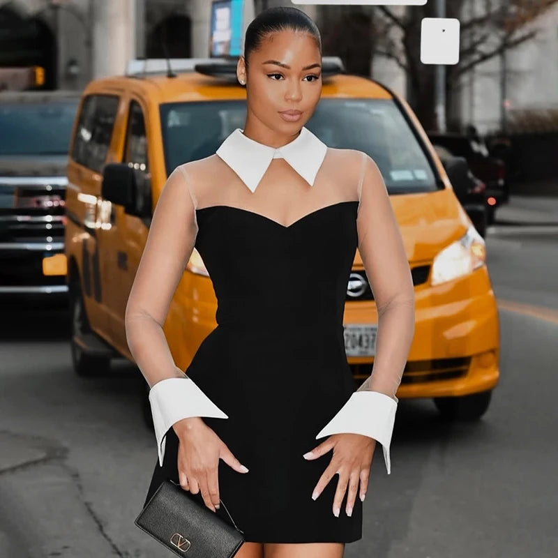 Lapel Mesh Patchwork Zipper Slim Hip A-Line Dress Niche Occasion Gown Dress