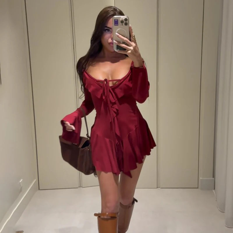 White Deep V Neck Ruffled Dress Long Flare Sleeve Short Dresses Slim