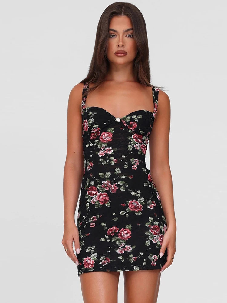Flower Print Dress Low-Neck Backless Sleeveless Skinny Mini Bodycon