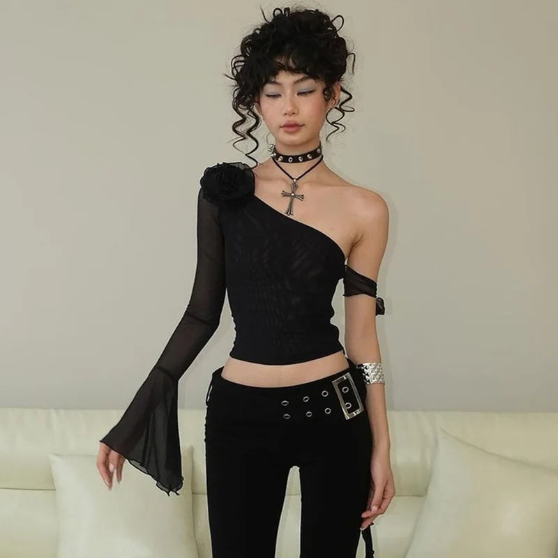 Flare Sleeve 3D Floral One Shoulder Lace-up Crop Top Solid Slim Fit Tank Top