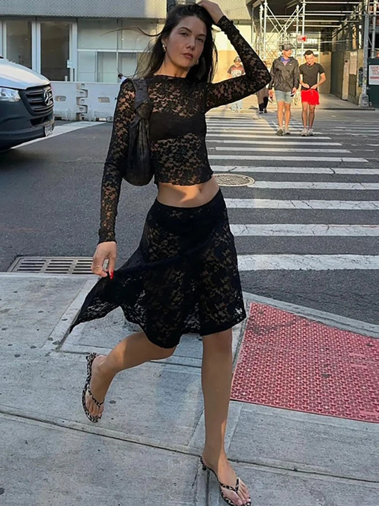 See Through Lace Skirt Suit Black Round Neck T-shirt Mini Skirt Two Piece Set