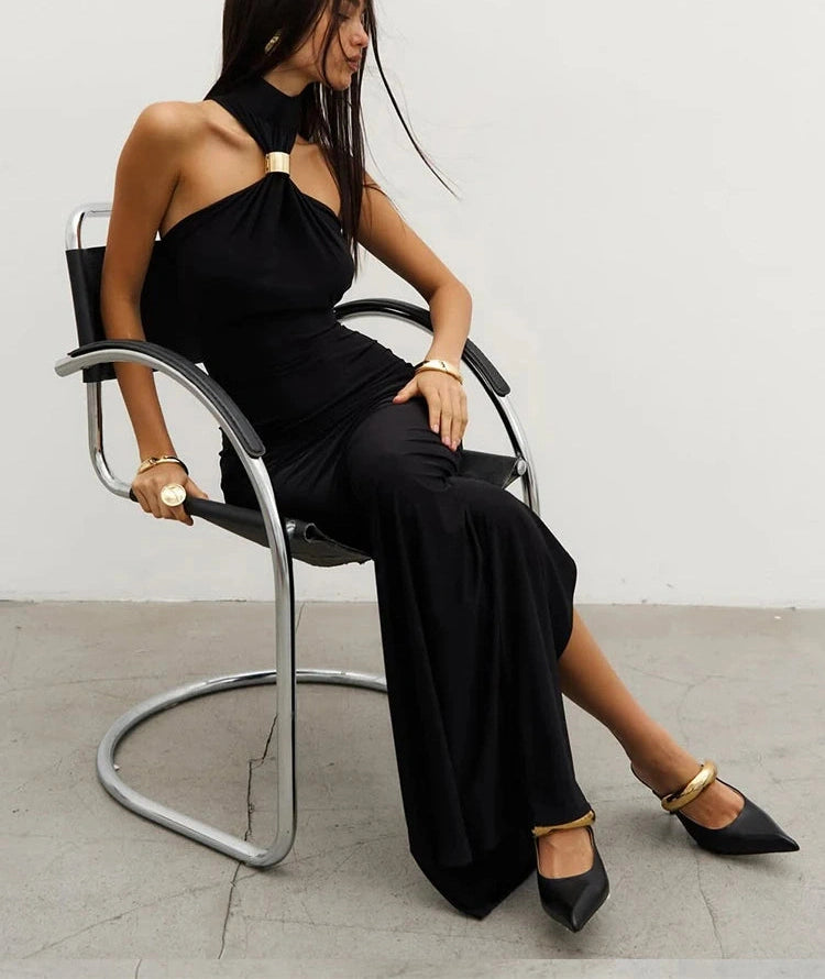 Metal Knots Dress Halter Folds Backless Sleeveless Slim Banquet Long Bodycon