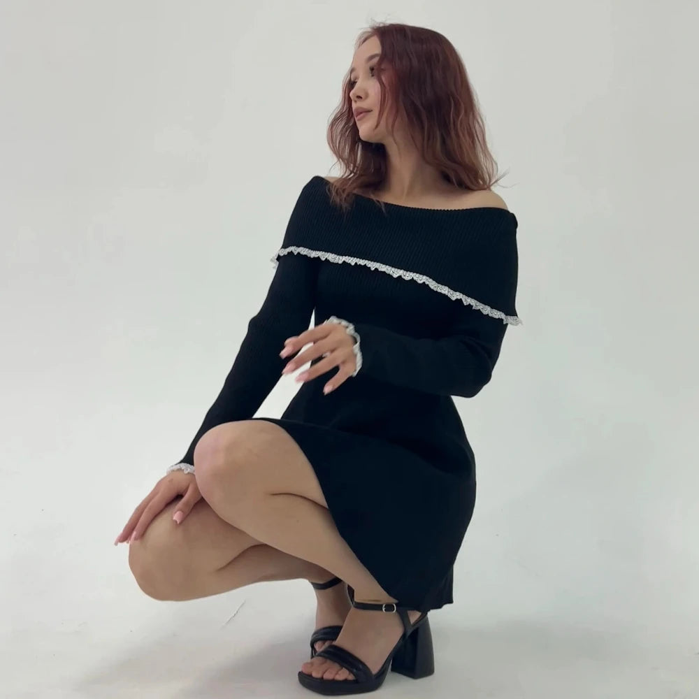 Off Shoulder Long Sleeve Knitted Mini Dress