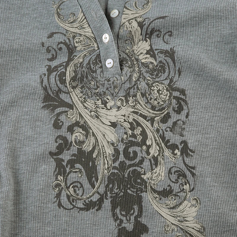 Graphic Slim Top Tee Long Sleeve Crewneck Grey Fairycore Shirt