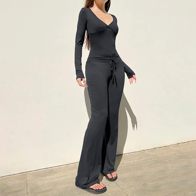 V-neck Top Full Length Pants Drawstring Suits Simple Slim Long Sleeves Low Waist