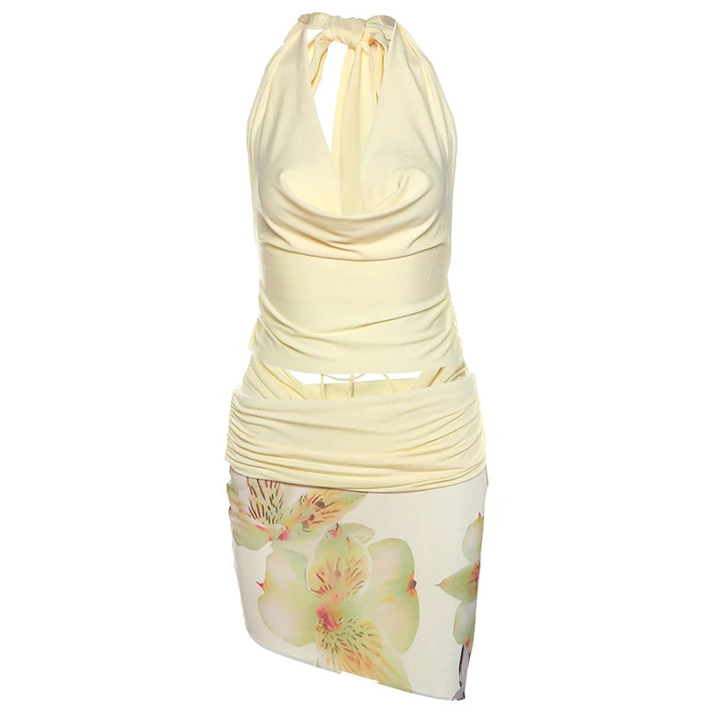 2-Piece Set Halter Backless Swing Collar Tank Top Wear Both Front And Back Patchwork Skirts Matching Suits