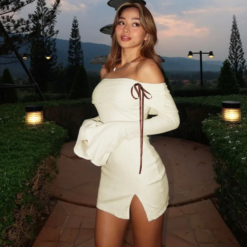 Flare Long Sleeve Lace Split Mini Dress