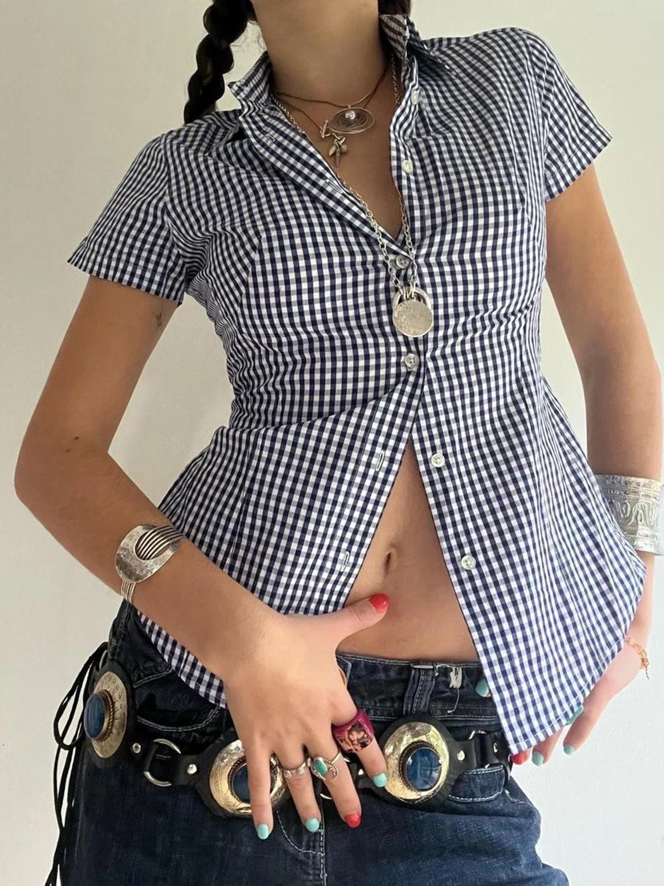 Plaid Bloue Button Up Short Sleeve Tuurn-down Neck Top