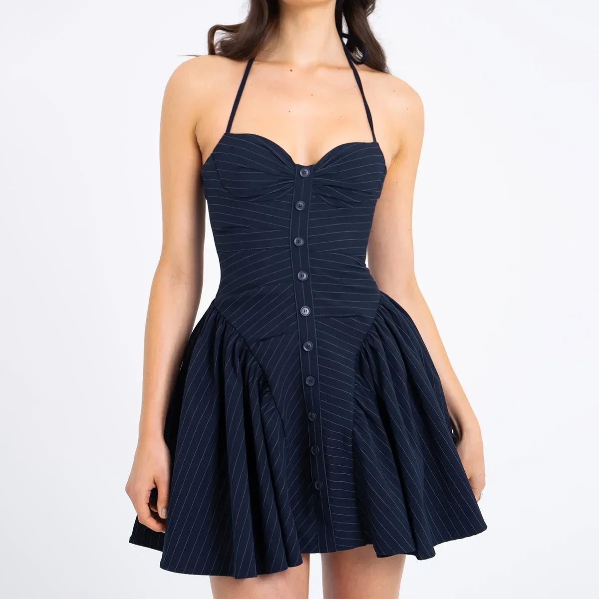 Pure Desire Striped Hanging Neck, Waist, and Bareback Dress for Niche High End Dress