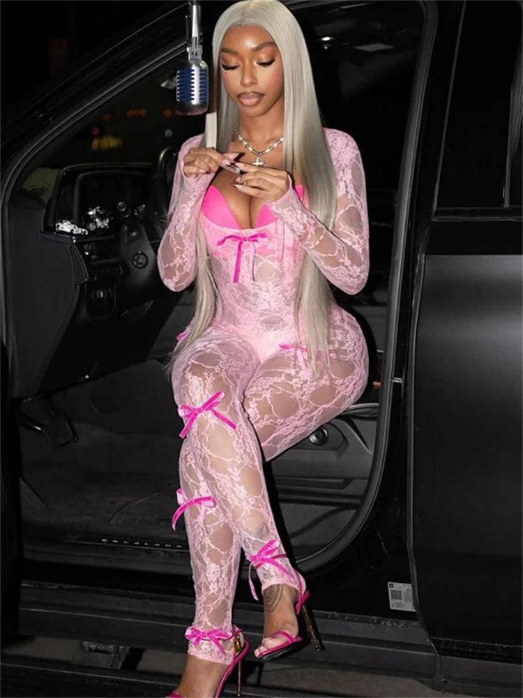 Lace Transparent Thin Solid Jumpsuit Long Sleeve Slim Fit Sheer Night Street Jumpsuit