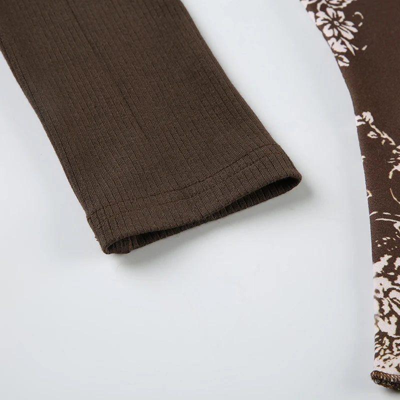 Floral Print Slim Top Tees Lace-up Brown ing Patchwork