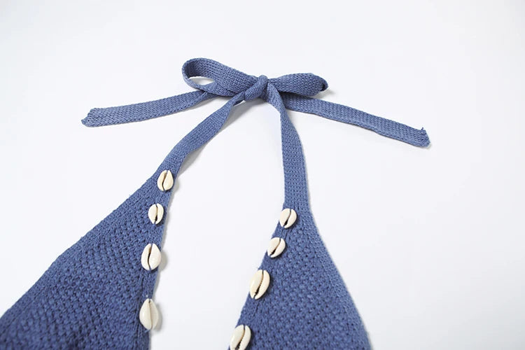Crochet Conch Hem Dress Hollow Backless Pearl Halter Bodycon