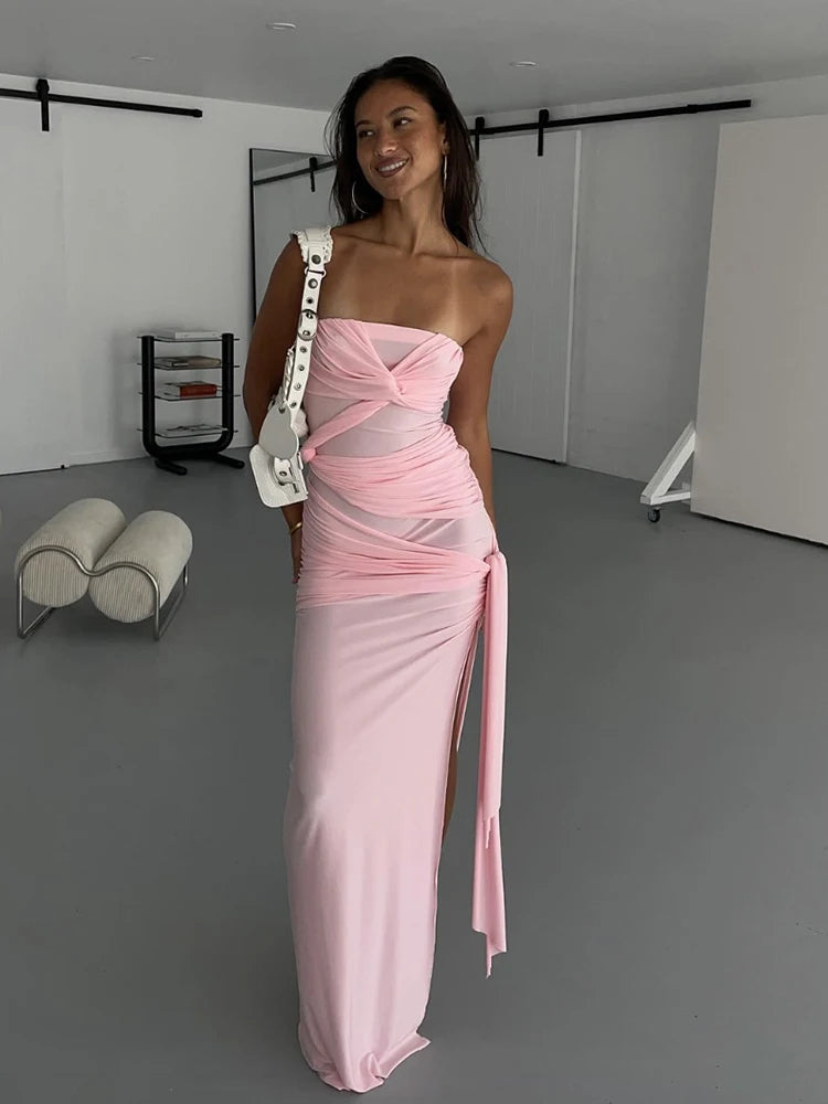 Backless Dress Ruched Chest Wrap Cross Bandage Sleeveless Tassel Street Slits Long Bodycon