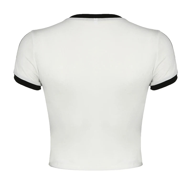 Black and White Patchwork Crop Tee Shirts Crewnek Short Sleeves Top
