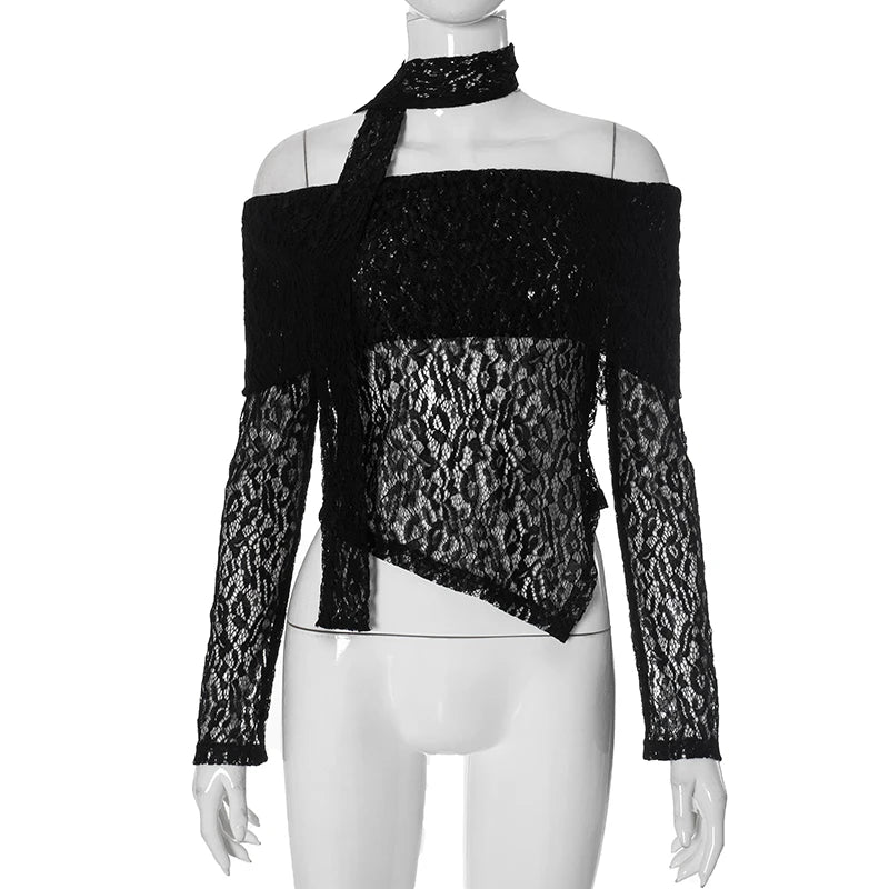 Lace One Shoulder Plunge Tie Lace Top