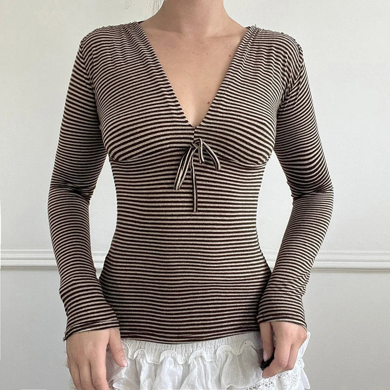 V-neck Strip Tee Shirt Long Sleeve Slim Lace-up Top