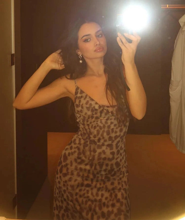 Leopard Dress Swing Collar Spaghetti Straps Backless Ruffles