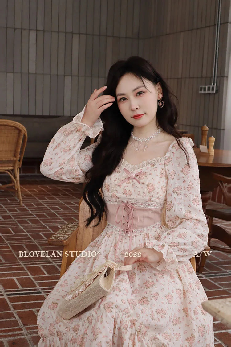 Spring Pink Floral Dress Bandage Lace Print Dress Puff Sleeve Kawaii Dress Princess Fairy