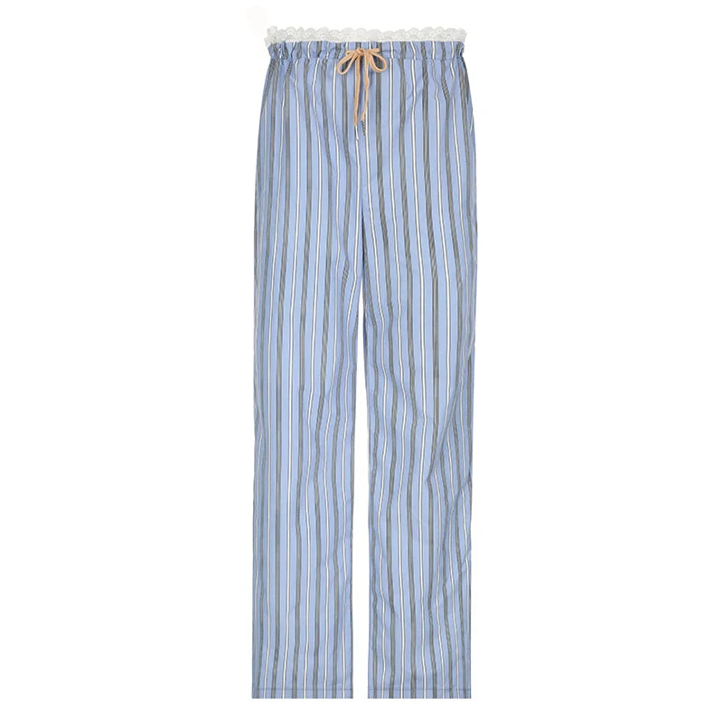 Striped Print Trousers Wide Leg Pants Lace Patchwork Japanese Bottom
