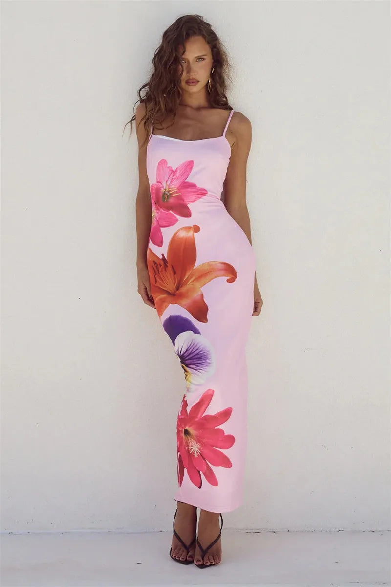 Floreal Long Dress Gown Spaghetti Strap Sleeveless Backless Bodycon Midi Dress