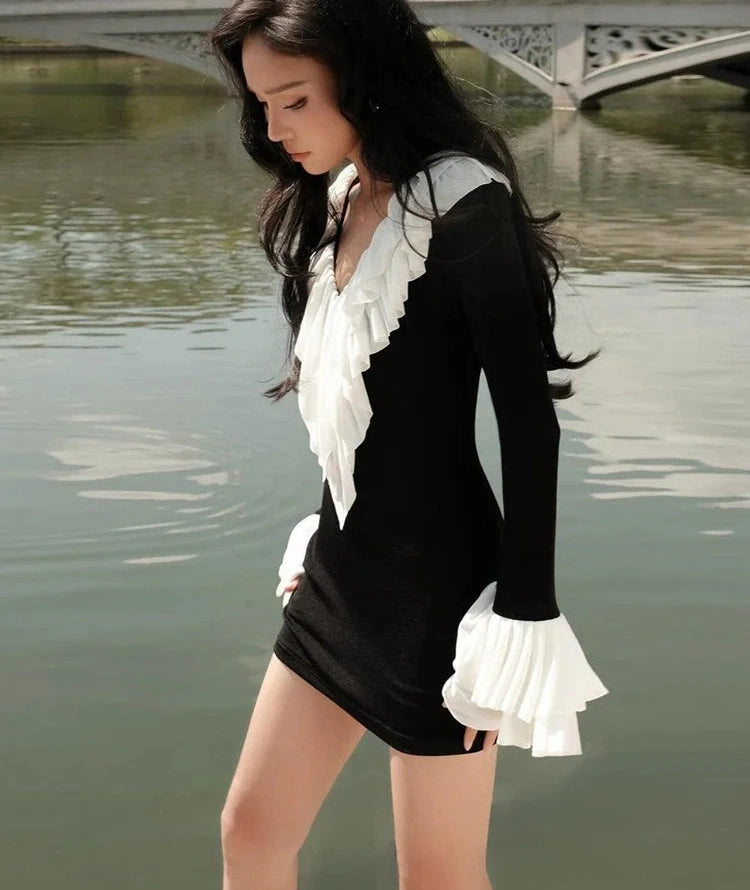 Dress Patchwork v-Neck Tierred Full Sleeve Skinny Mini Bodycon