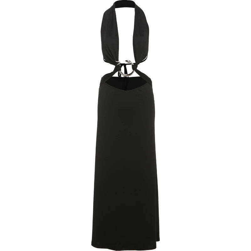 Halter Metal Rings Patchwork Dress Low-Neck Backless