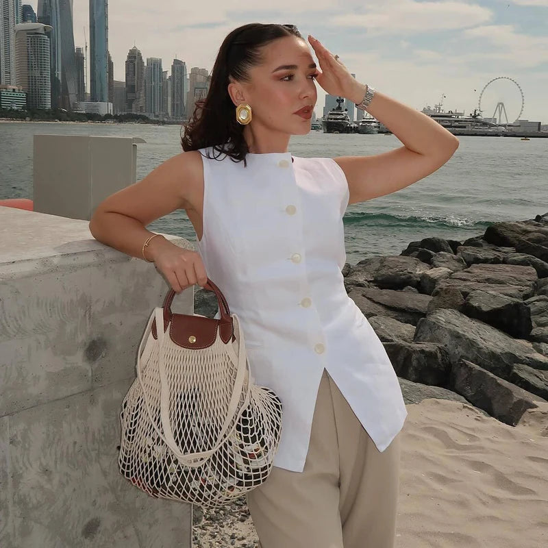 White Sleeveless Vest Button Vests for Jackets Pink Vest Top Street Tailored Vest