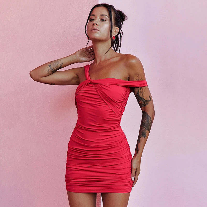 'S Spring And Asymmetric One-Shoulder Camis Color Twisted Shrink Pleated Package Hip Dress