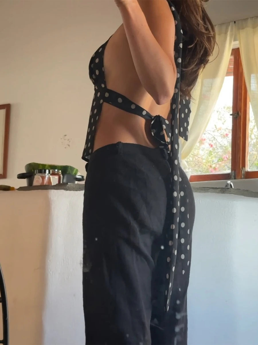 Backless V-Neck Polka Dot Top