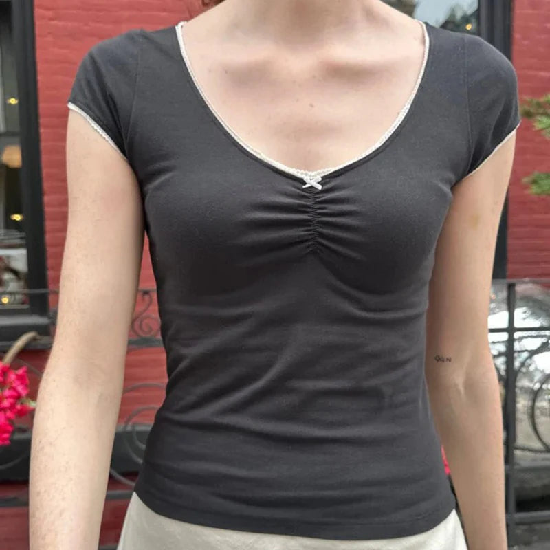 Crewneck Bow Patchwork Tee Shirts Ruched 's Top Pullovers