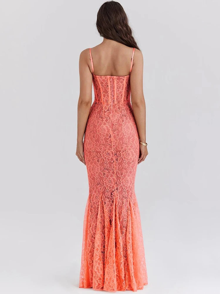 Floral Lace Maxi Dress For Orange Spaghetti Strap Sleeveless Backless Bodycon Long Dress