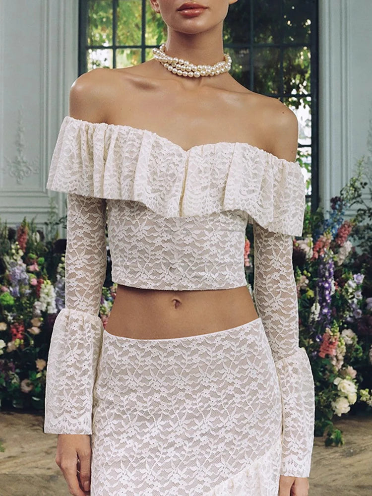 Transparent Lace Two Piece Sets Skirt Suit White Flare Sleeve T-shirt Long Skirt Skirt Set