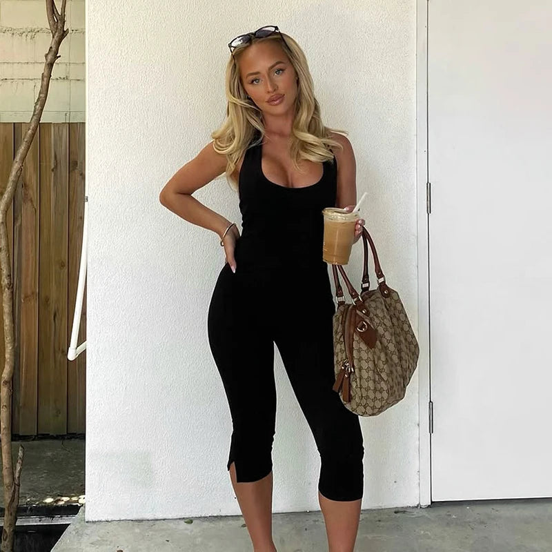 Slim Backless Hanging Neck Square Neck Sport Comt Slim Thin Jumpuit