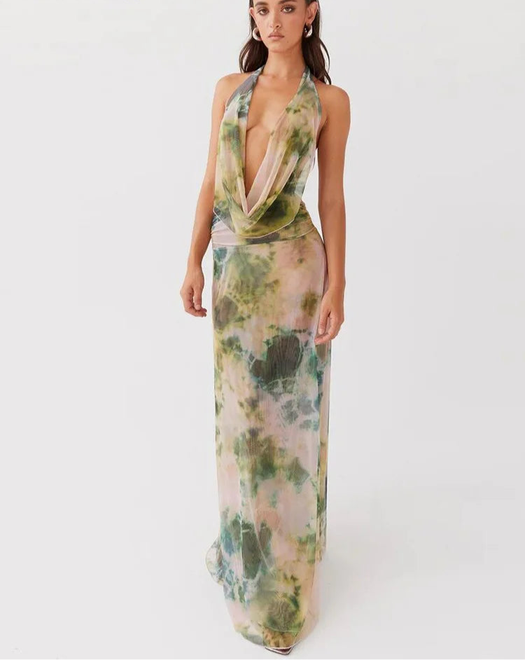 Backless Halter Mesh Ruffles Matching Suit