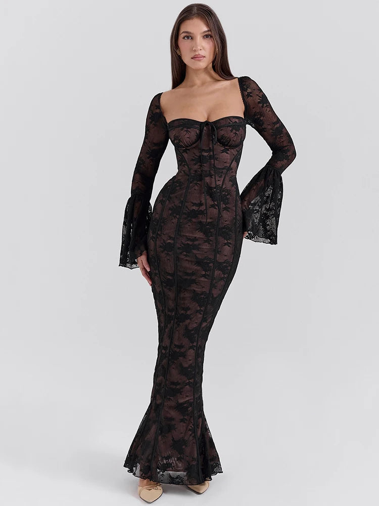 Lace Long Flare Sleeve Maxi Dress Square Collar Backless Bodycon Dress