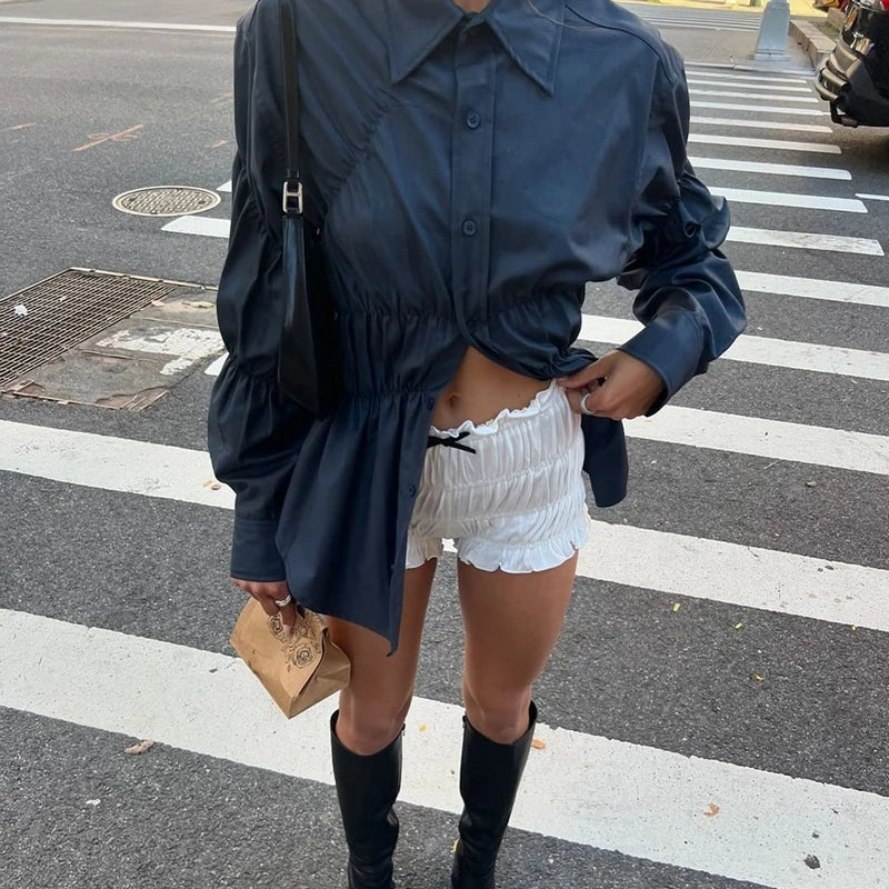 Blouse Tops Ladies Shirt Scrunched Button Up Long Sleeve Turn Down Collar T-shirt