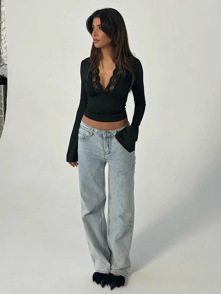 Lace V Neck Flare Sleeves Top