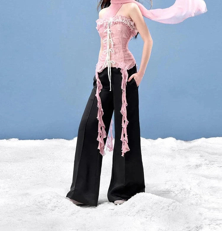 Mesh Scarf Patchwork Lace Ruffled Irregular Hem Long Tassels Frenulum Street Skinny Versatile Girly Sweet Top
